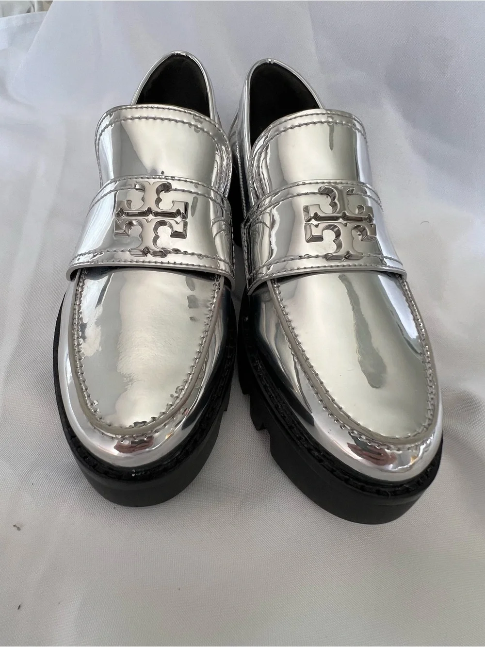 Tory Burch Silver Metallic Lug Sole Penny Loafers
